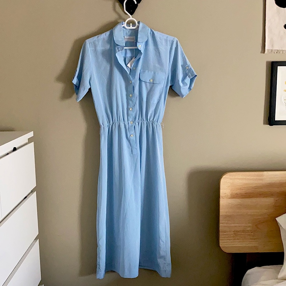 Vintage long blue dress with light pinstripes